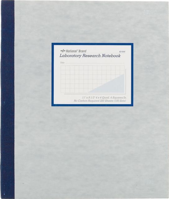 National® Laboratory Notebook, Carbonless, 4 x 4 Quad Ruling, Rigid Gray Cover, 11'' x 8 1/2'', 100 Numbered Sets